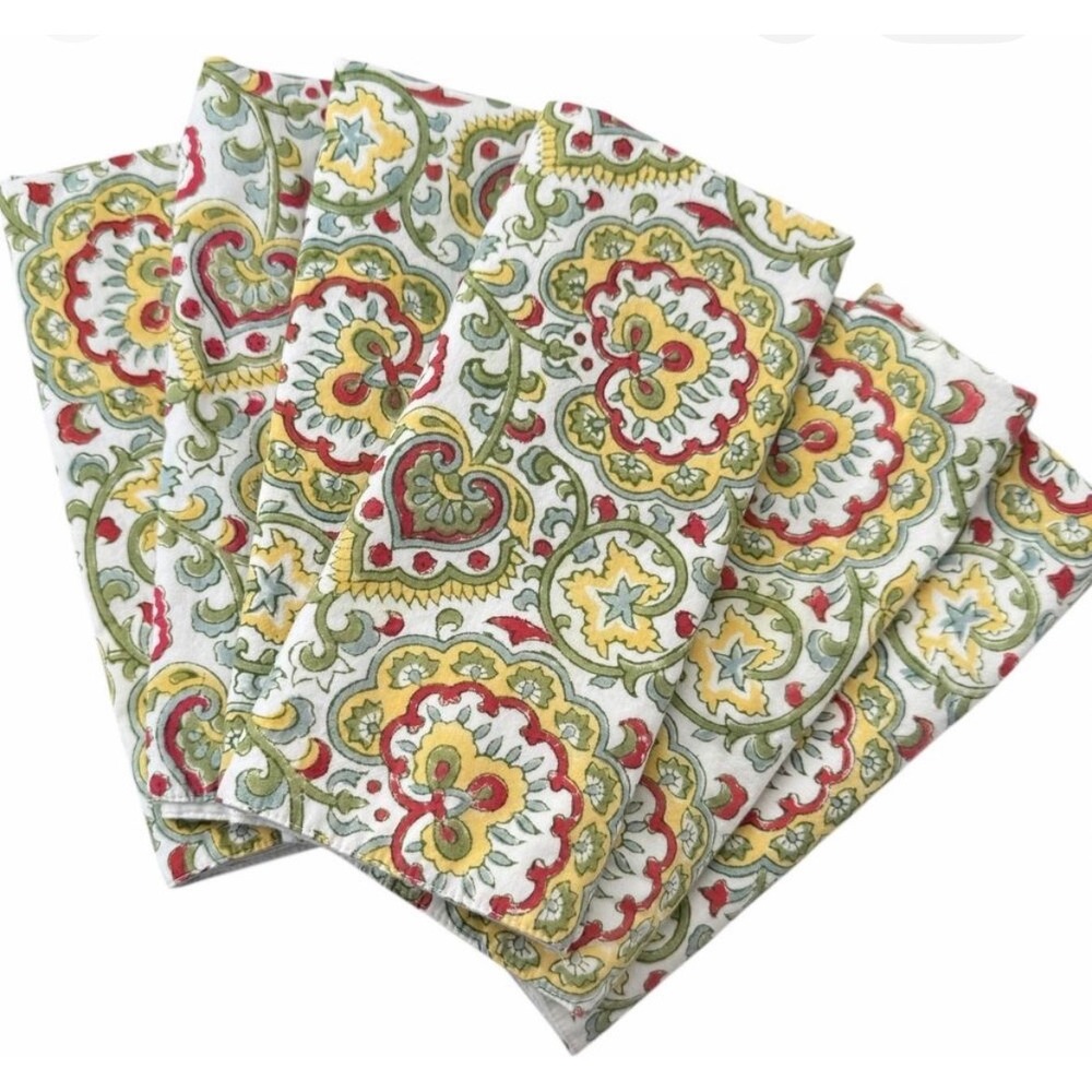 Pottery Barn Block Print Placemats Set of 6 Cotton Floral Medallion Green Red